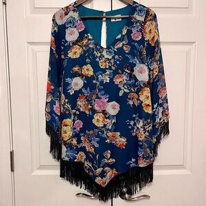 Vintage Y2K Show Me Your Mumu Teal Floral Fringe Mini Dress Size XS